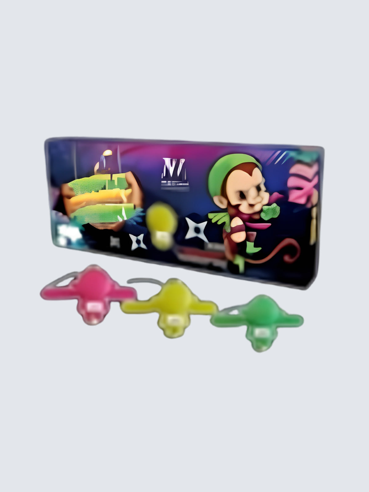 Triple Monkeys Strike Rapid Wing Aerial by Mecha Fireworks, featuring three colorful flying novelties and cartoon monkey artwork.