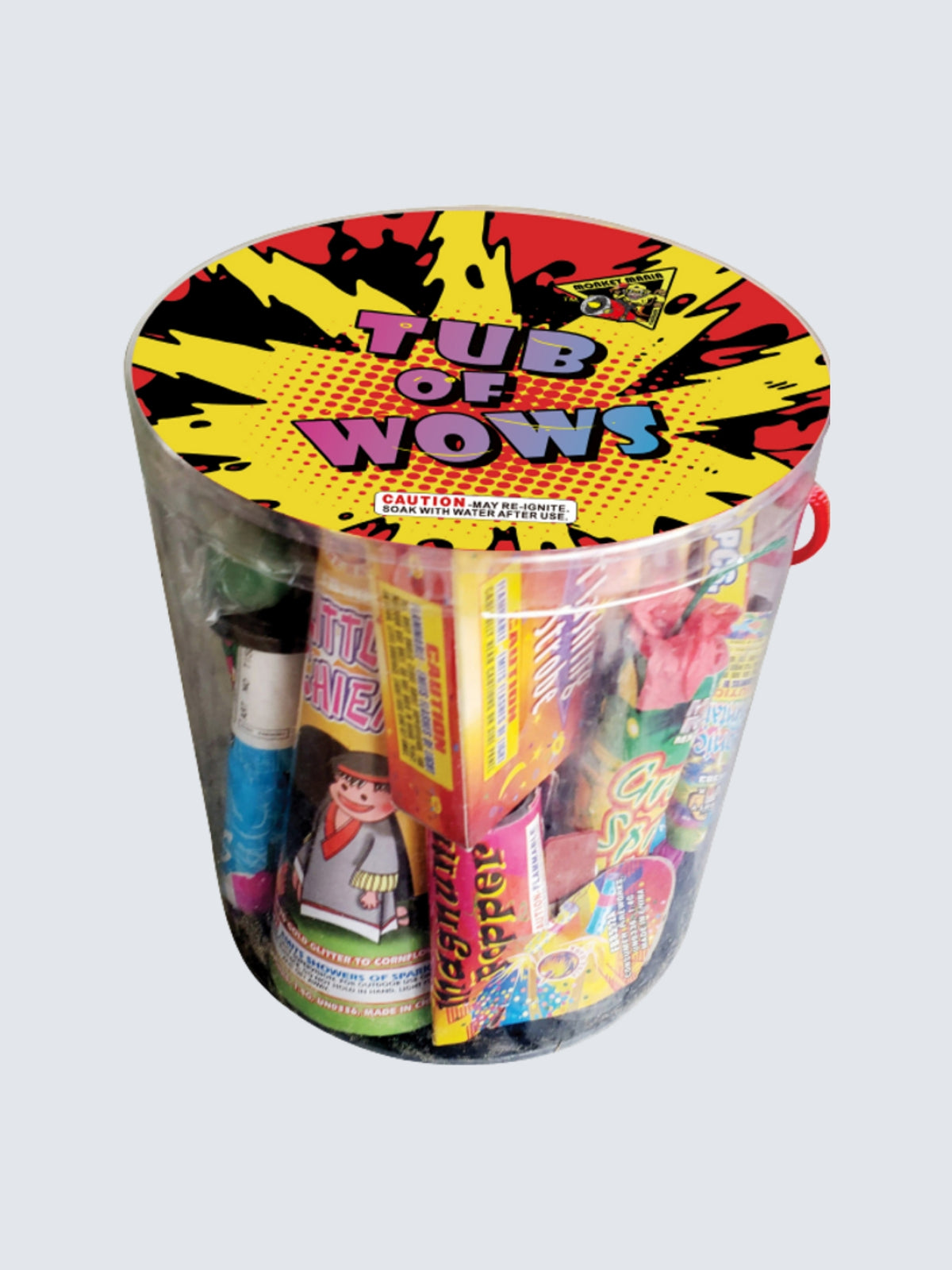 Tub of Wows, ground variety assortment, includes comic effects, art style, with a clear tub of fireworks variety.