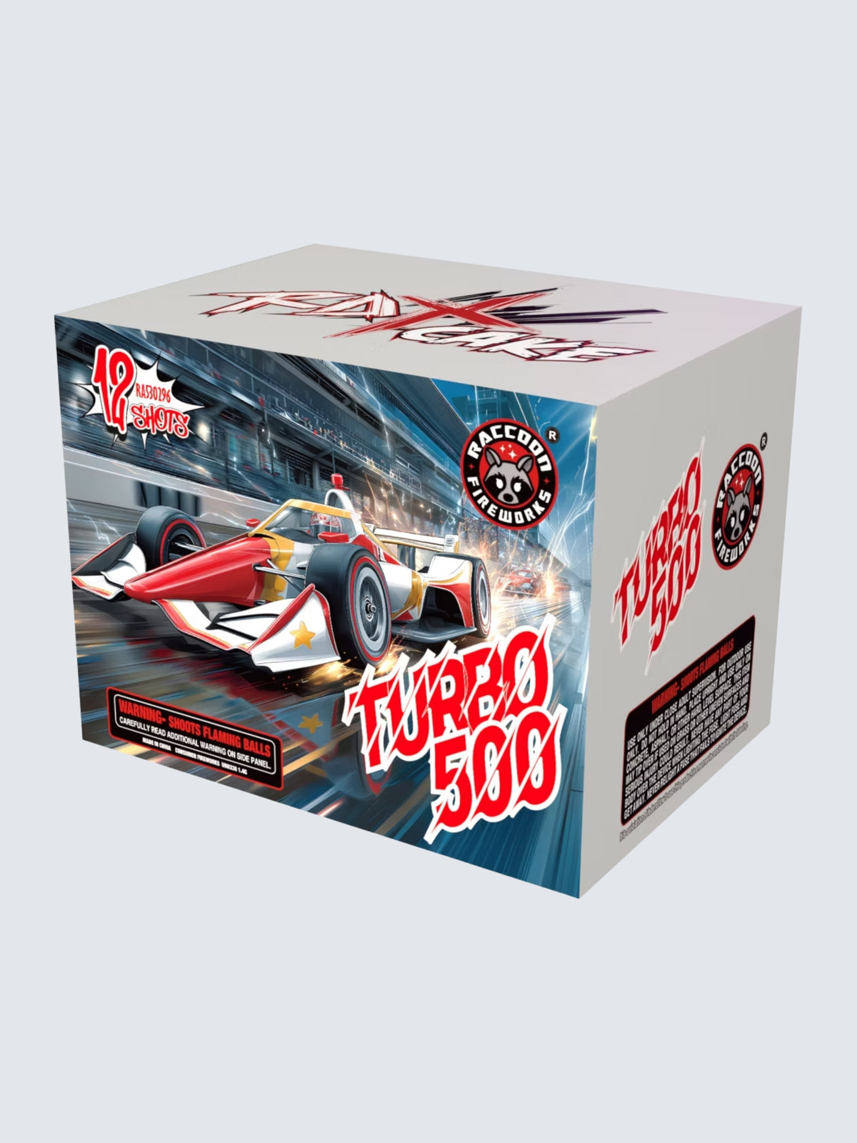 Turbo 500 12-shot aerial repeater firework by Raccoon Fireworks featuring a high-speed race car, sparks, motion effects, and bold motorsports-themed box art.