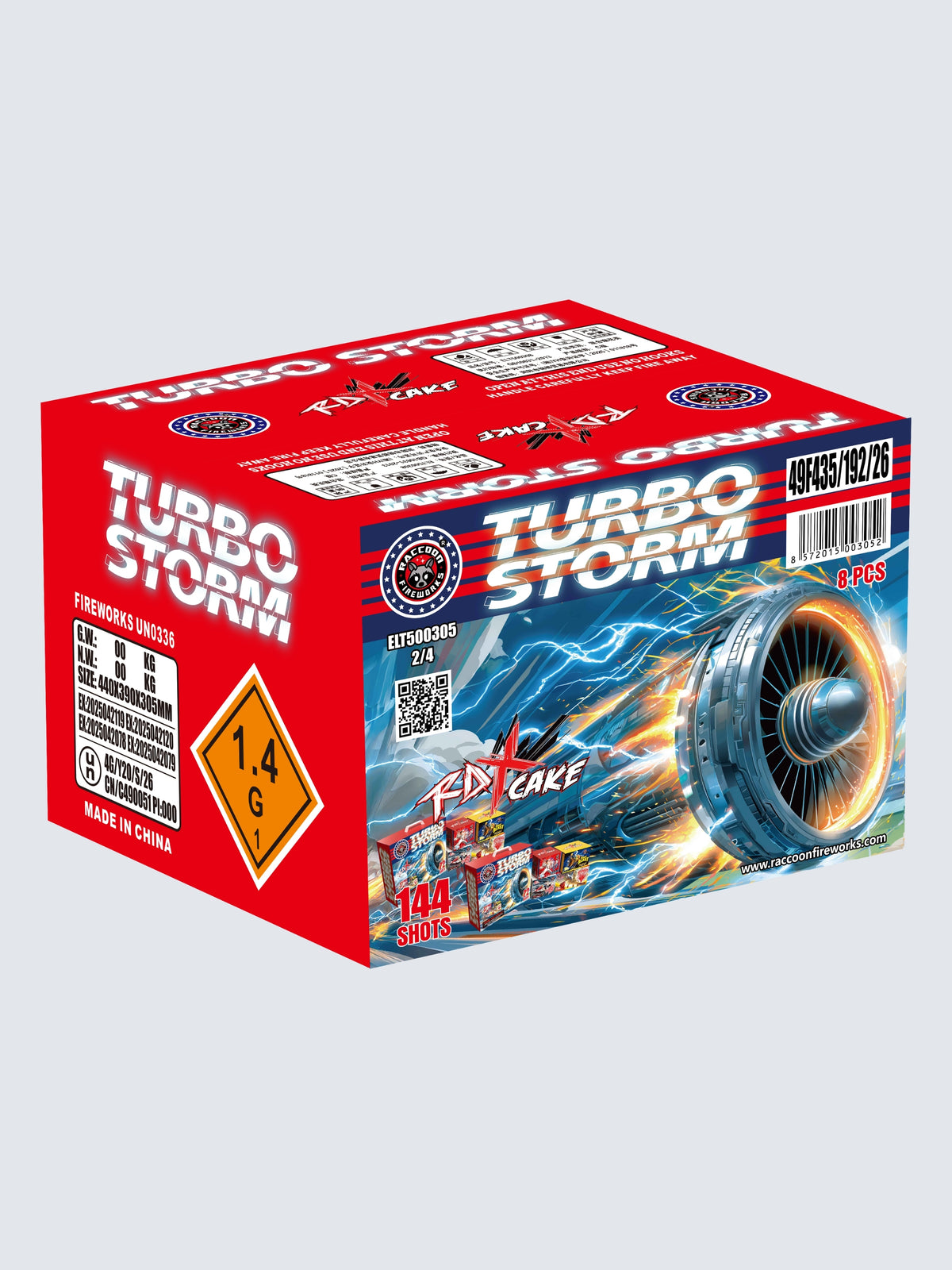 Turbo Storm 144-shot aerial repeater fireworks box kit by Raccoon Fireworks featuring 8 assorted cakes with high-energy jet turbine and lightning themed box art.