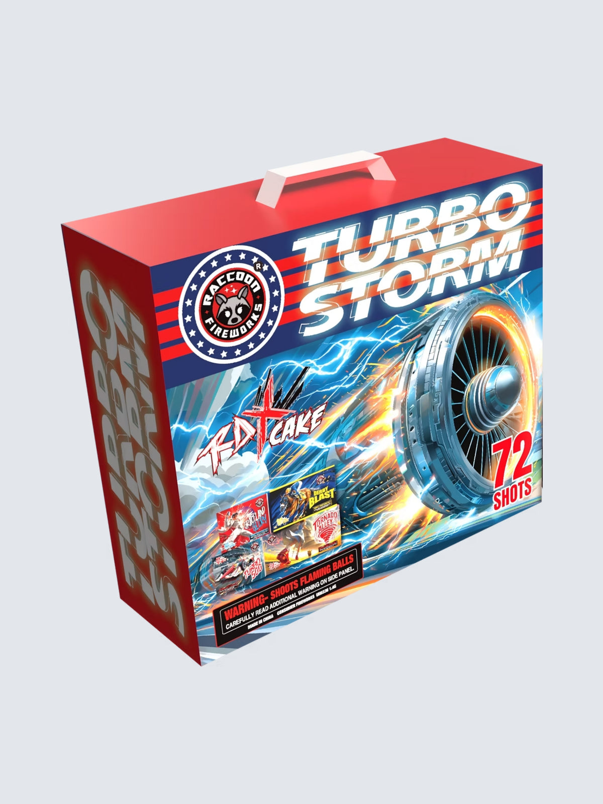 Turbo Storm 72-shot aerial repeater fireworks sleeve kit by Raccoon Fireworks featuring a futuristic turbine engine, electric blue lightning, fiery sparks, and bold high-speed action-themed box art.