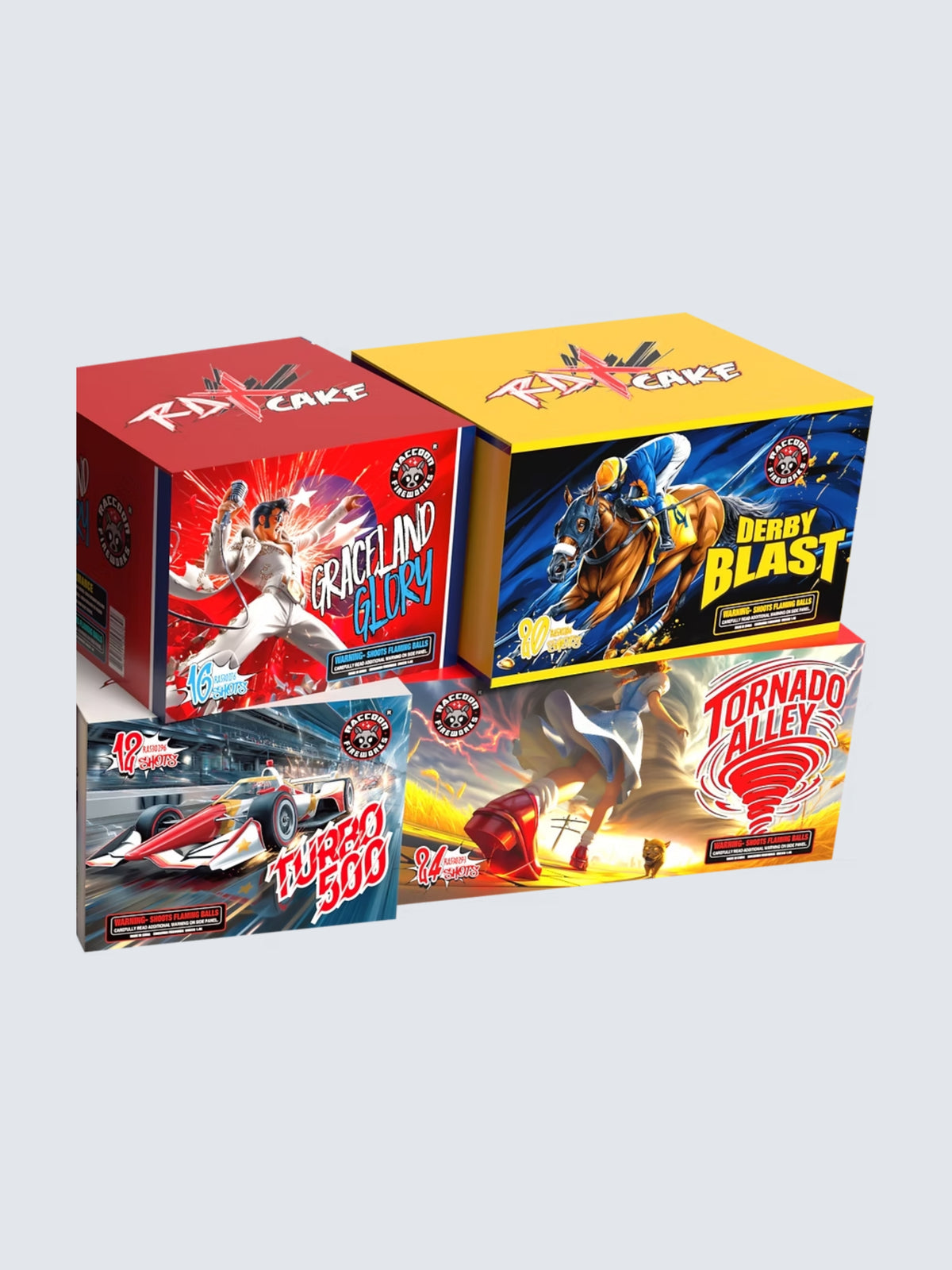 Turbo Storm 4 units of aerial repeater fireworks set by Raccoon Fireworks featuring Grace and Glory, Derby Blast, Turbo 500, and Tornado Alley with colorful action-themed box art.