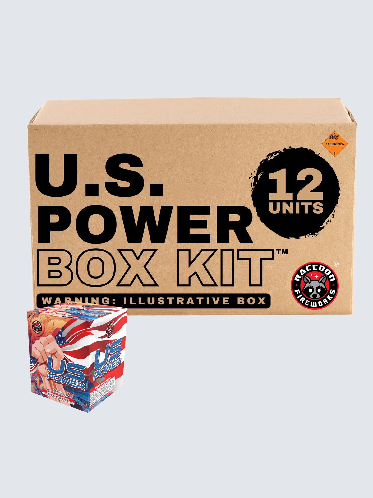 U.S. Power fireworks box kit by Raccoon Fireworks, featuring 12 aerial cakes with American flag and patriotic fist artwork.