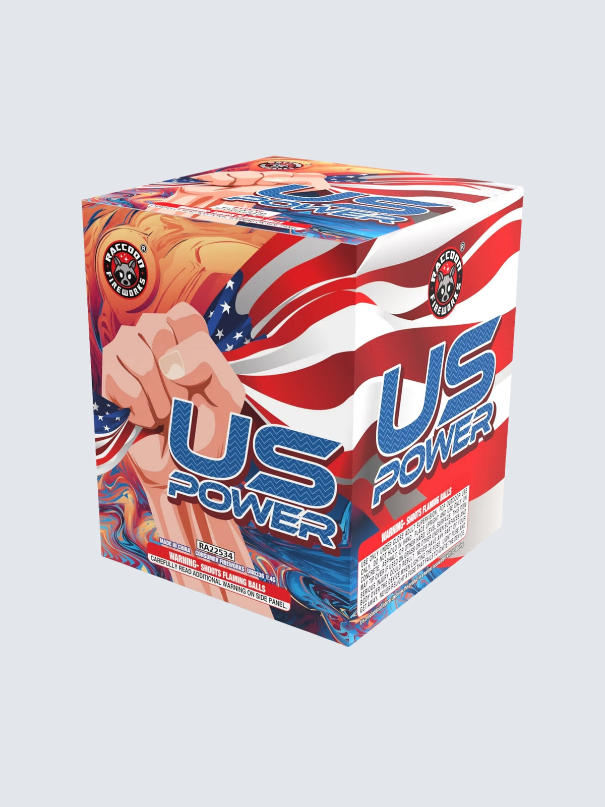 US Power aerial fireworks cake by Raccoon Fireworks, featuring a clenched fist, waving American flag, and bold patriotic artwork.