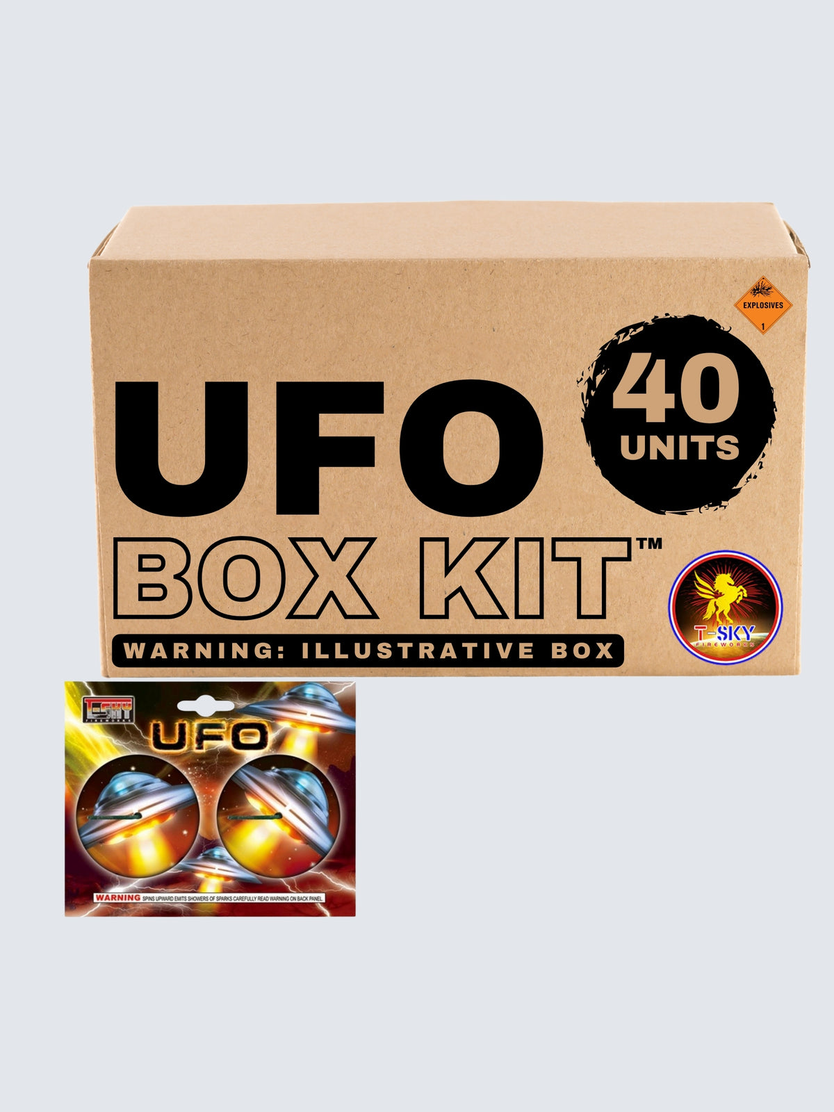UFO fireworks box kit by T-Sky Fireworks includes 40 units, featuring metallic flying saucers and glowing orange space-themed artwork.