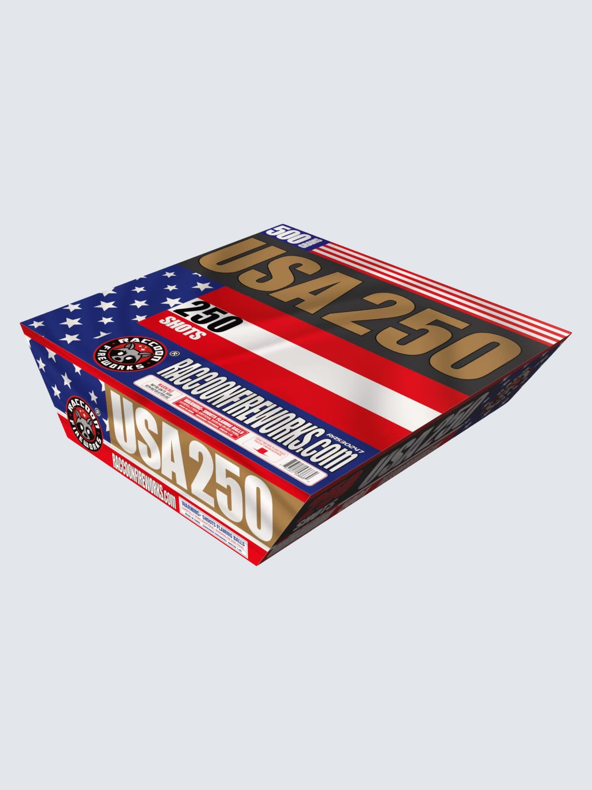 USA 250 250-shot aerial repeater fireworks box kit with patriotic American flag packaging.
