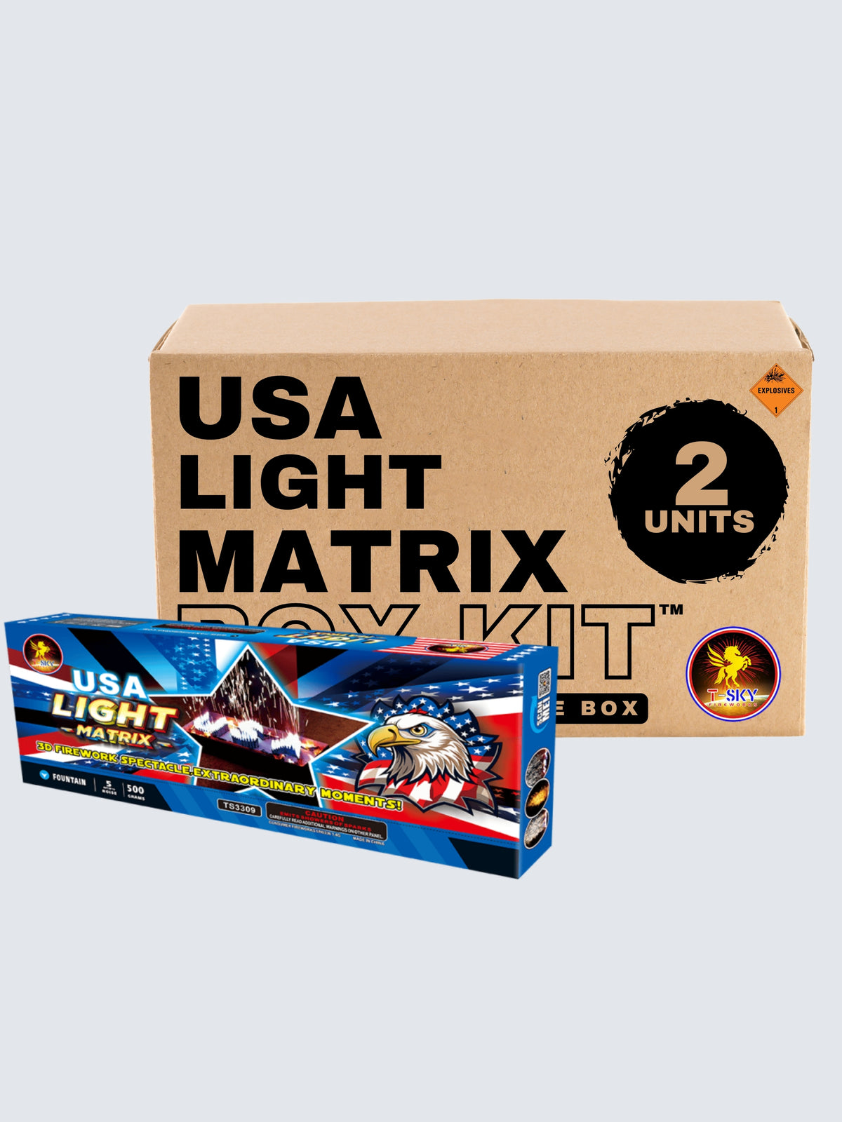 USA Light Matrix 500-gram fountain fireworks by T-Sky Fireworks featuring patriotic eagle, American flag, and star-themed box art.