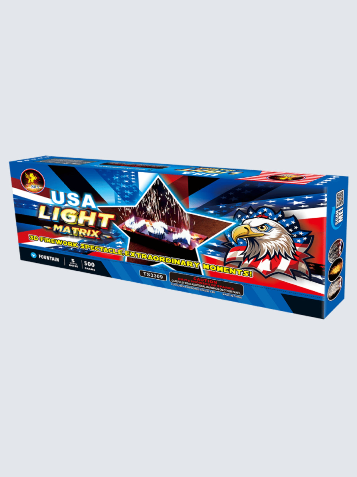 USA Light Matrix 500-gram fountain fireworks by T-Sky Fireworks featuring patriotic eagle, American flag, and star-themed box art.