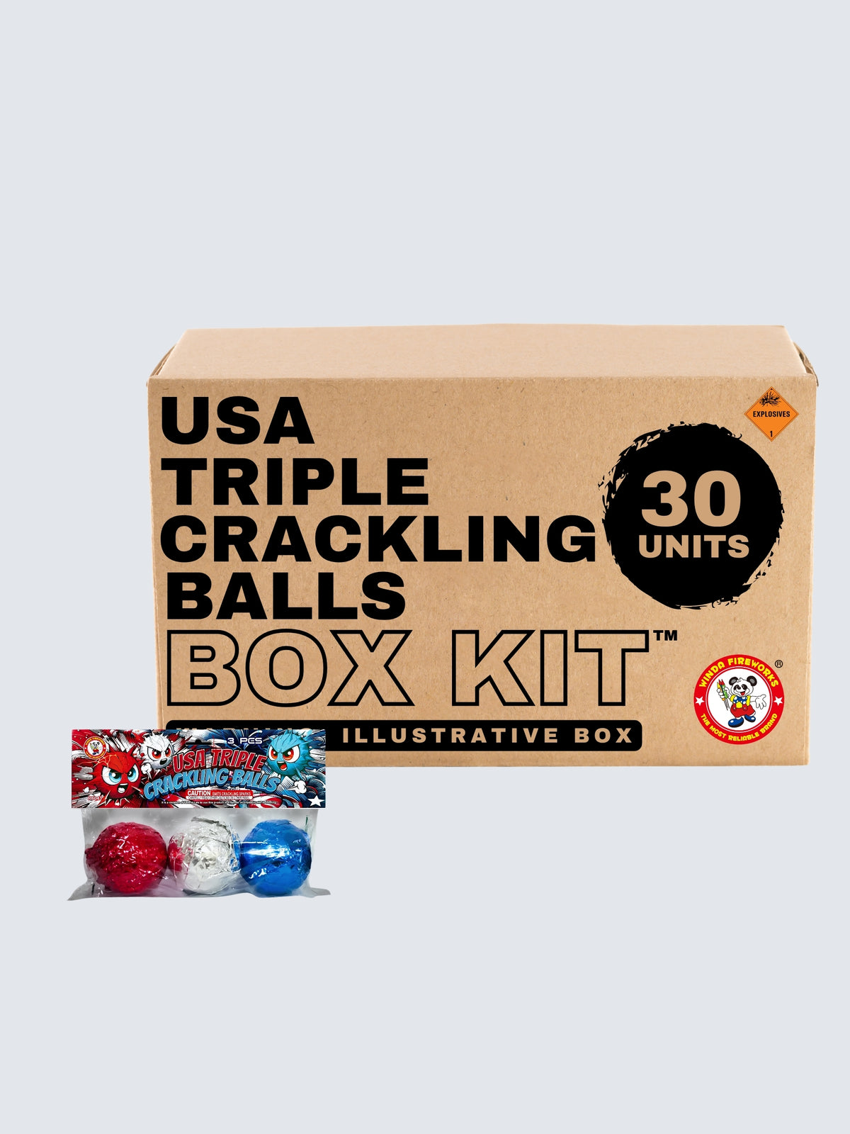 USA Triple Crackling Balls 30 Unit Box Kit by Winda Fireworks featuring red, white and blue crackling balls.