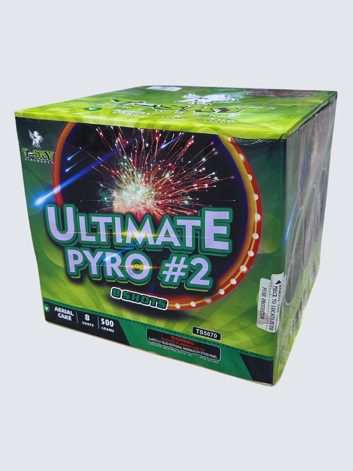 T-Sky Fireworks Ultimate Pyro #2 8-shot aerial cake with a colorful firework burst on a bright green box.