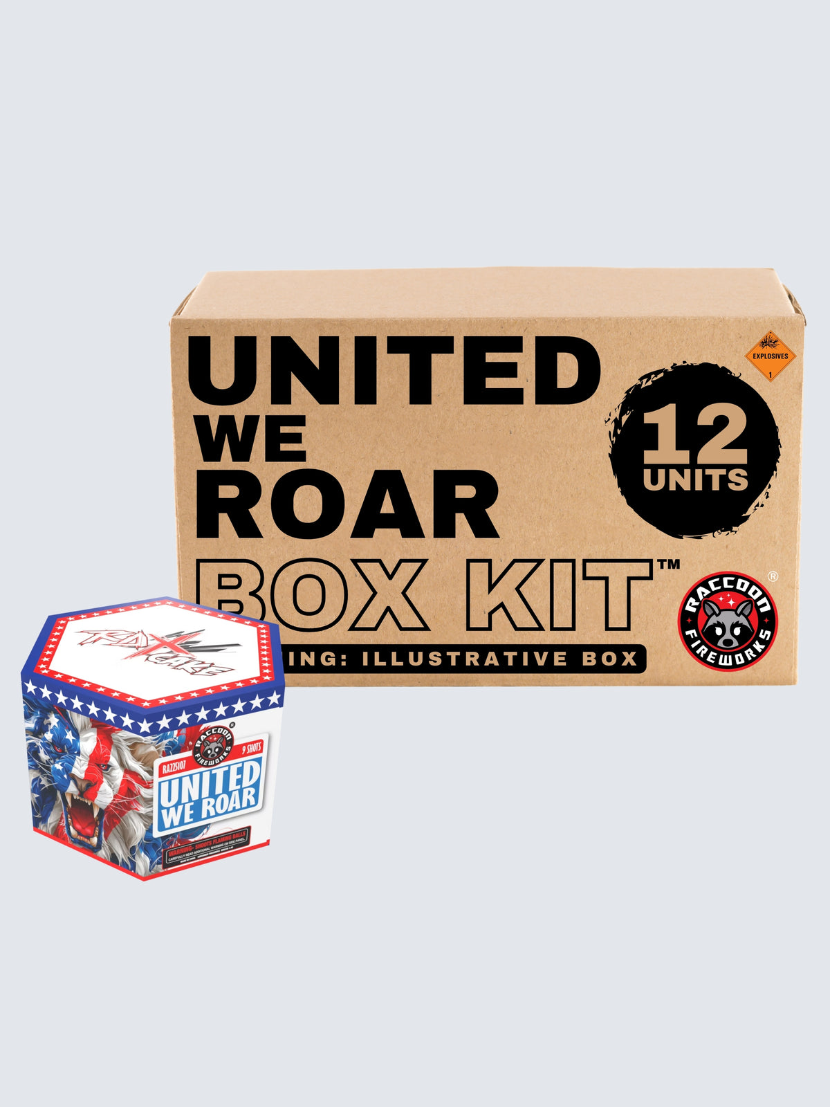 Box kit of United we roar fireworks. Includes 12 units.