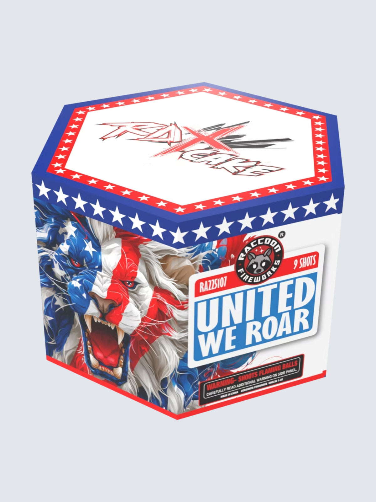 Unit of United We Roar aerial firework. Packaging shows a star and stripe decorated patriotic tiger.
