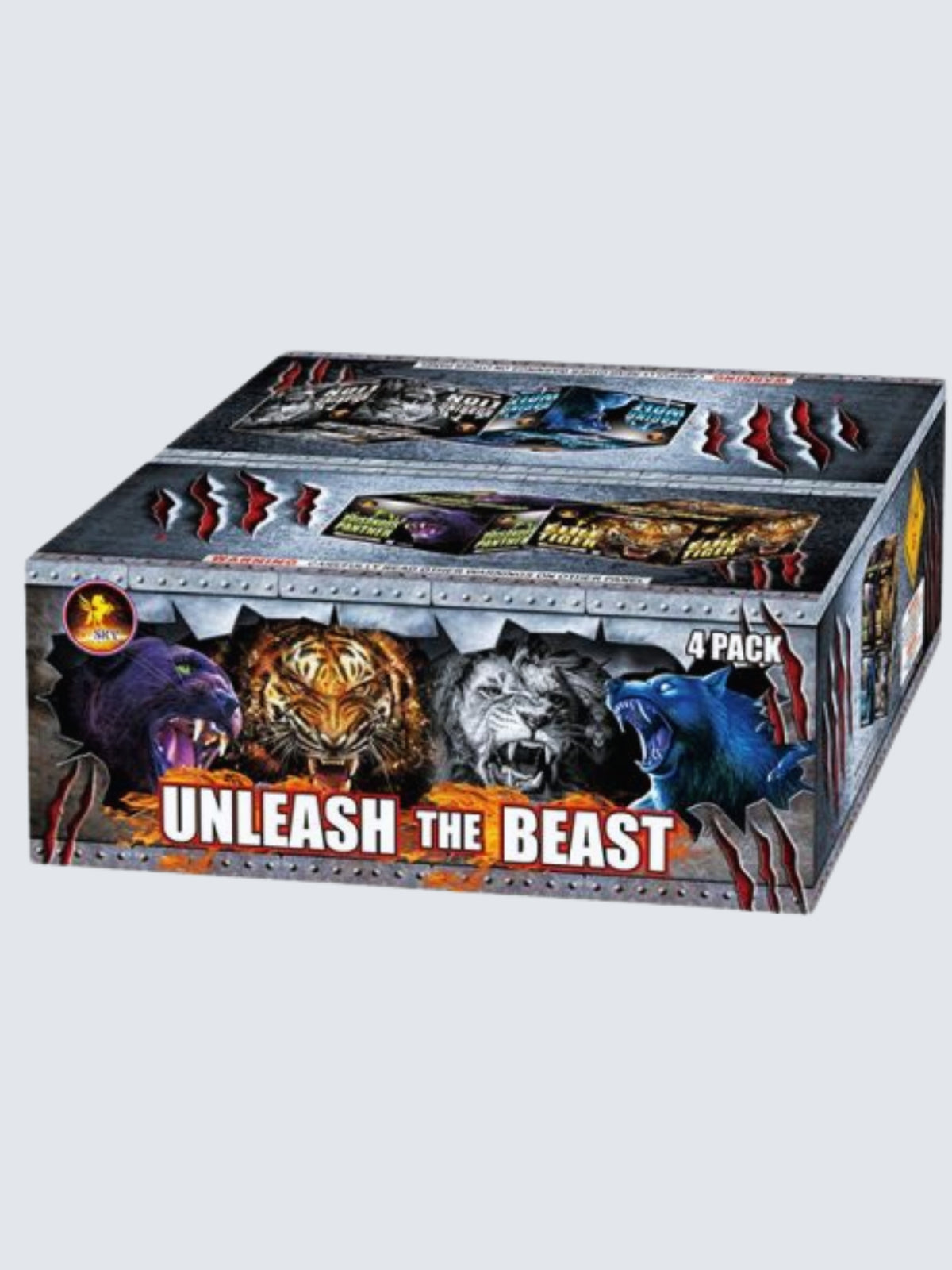 Box kit of Unleash the Beast fireworks. Packaging shows fearsome tigers and beasts with claw marks. 
