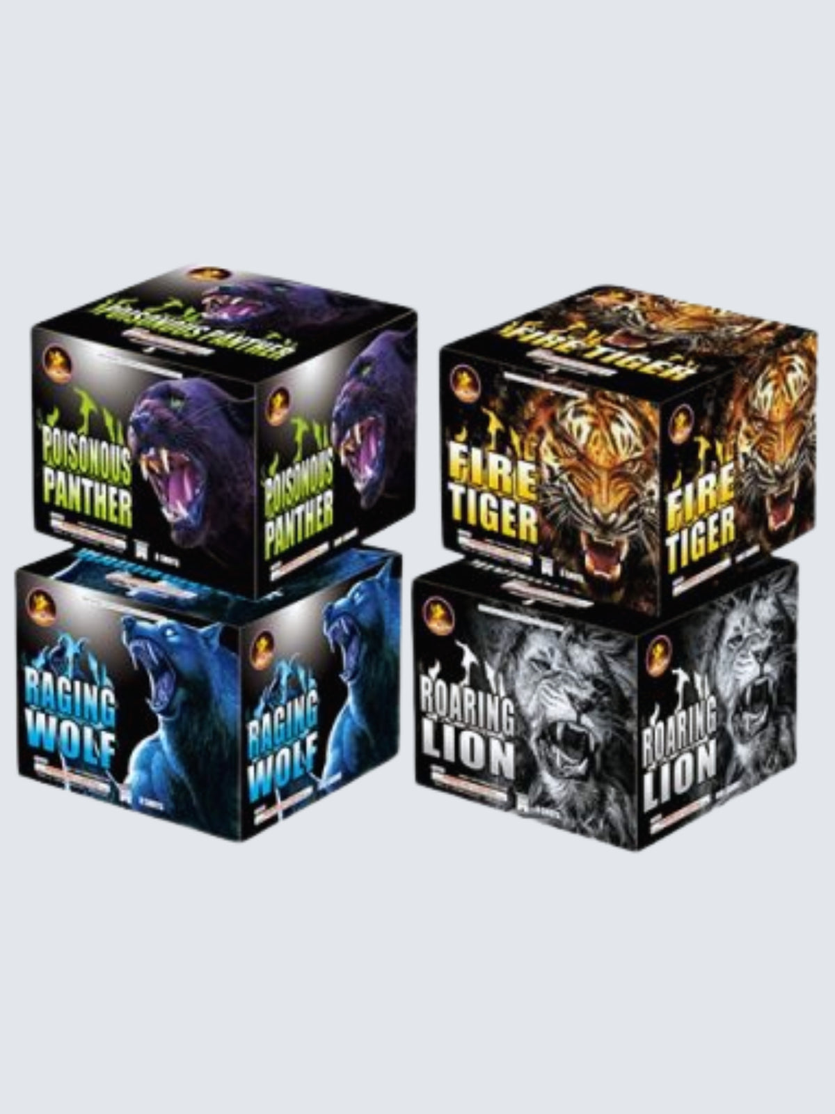 Variant units of Unleash the Beast fireworks assortment. Includes Poisonous Panther, Fire Tiger, Raging Wolf, and Roaring Lion. Packaging shows realistic predator animals.