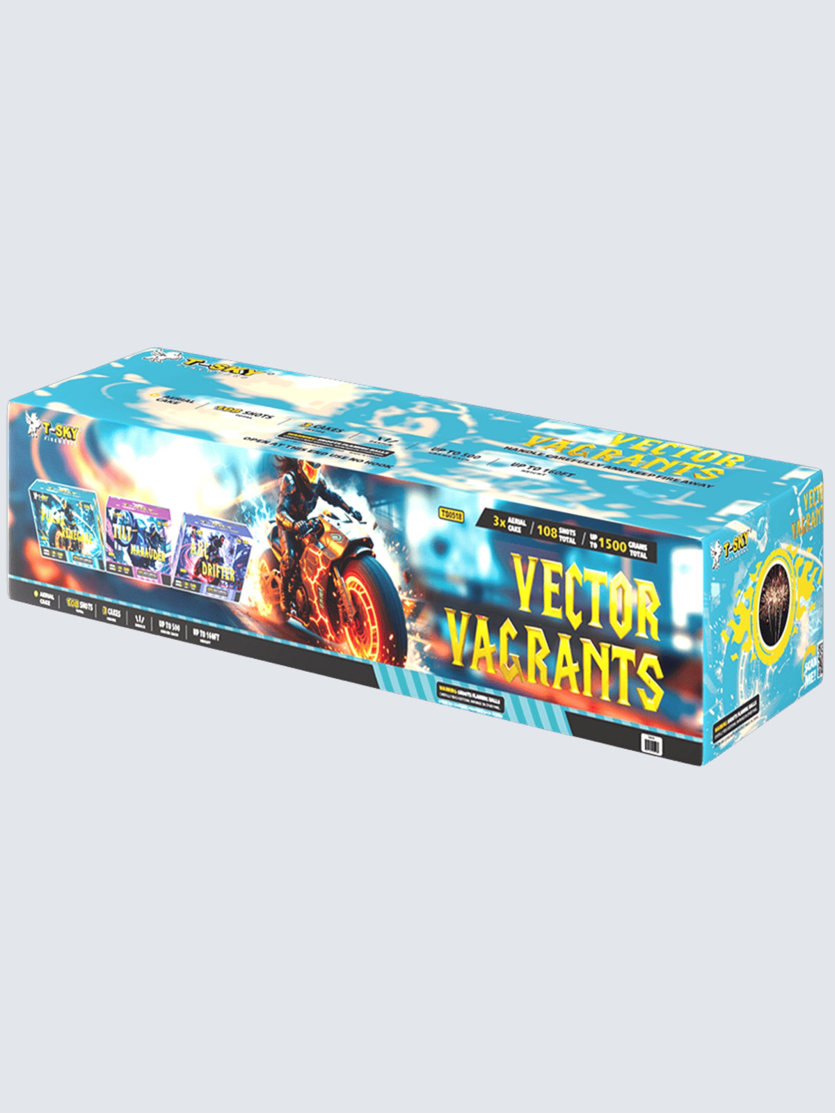 Box kit of Vector Vagrants compound cake fireworks. Packaging is neon blue and yellow with a futuristic bike. 