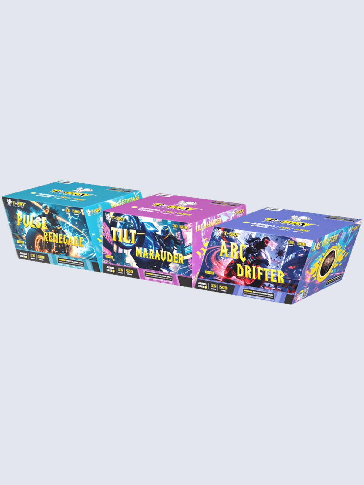 Units of the Vector Vagrants compound cake fireworks. Packaging shows futuristic motorcycles and neon colors.