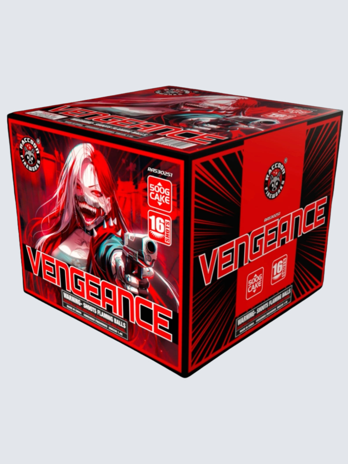 Vengeance 16 Shot aerial repeater firework featuring bold red cyber warrior-themed packaging by Raccoon Fireworks.