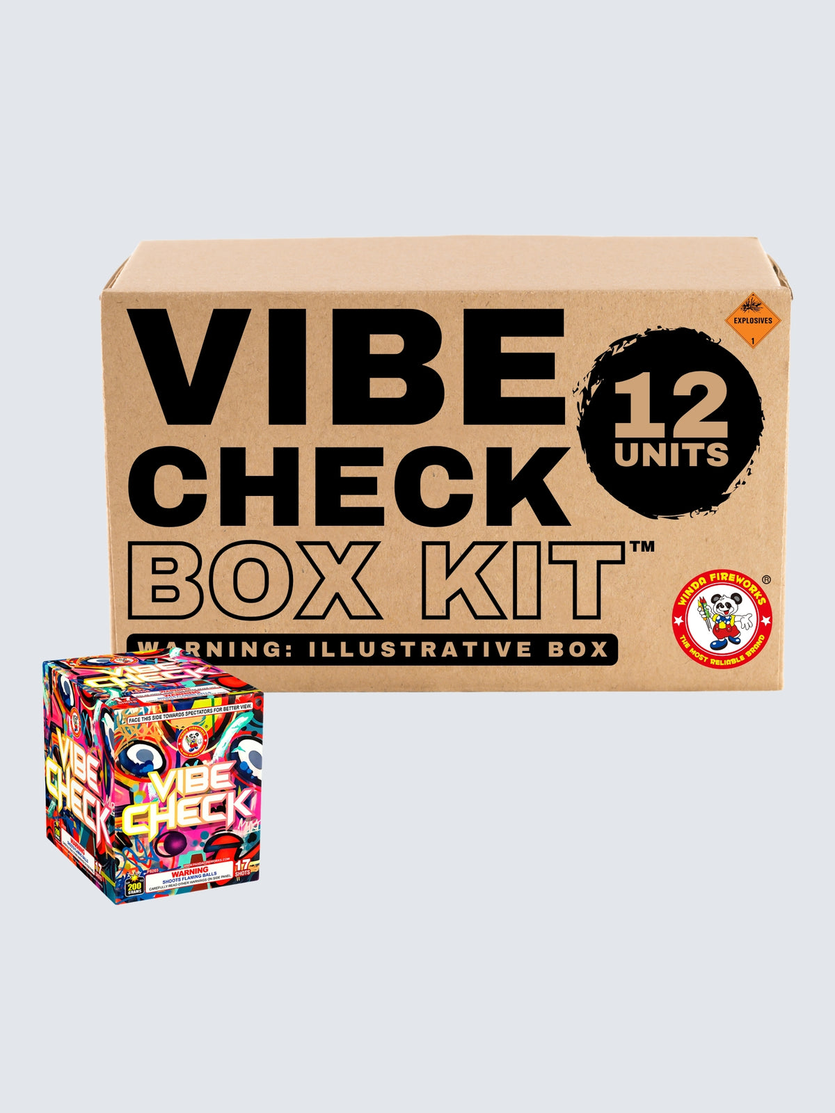 Vibe Check 17-shot aerial repeater box kit by Winda Fireworks with 12 units and colorful cartoon face artwork.