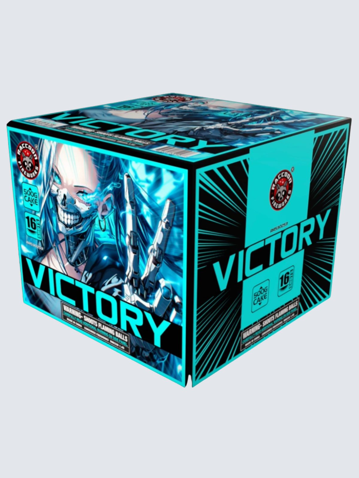 Victory 16 Shot aerial repeater firework featuring bold blue cyber warrior-themed packaging by Raccoon Fireworks.