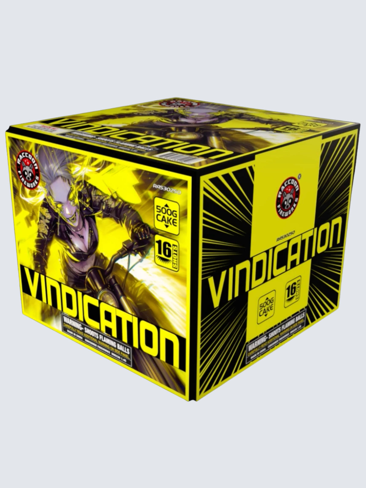 Vindication 16 Shot aerial repeater firework featuring bold yellow cyber warrior-themed packaging by Raccoon Fireworks.