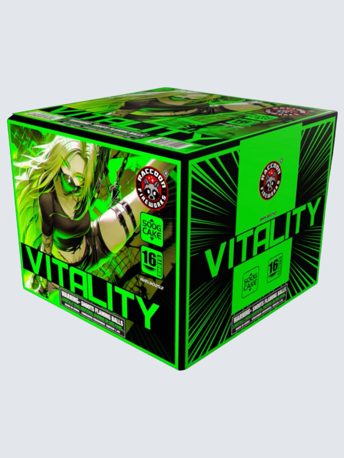 Vitality 16 Shot aerial repeater firework featuring bold green cyber warrior-themed packaging by Raccoon Fireworks.