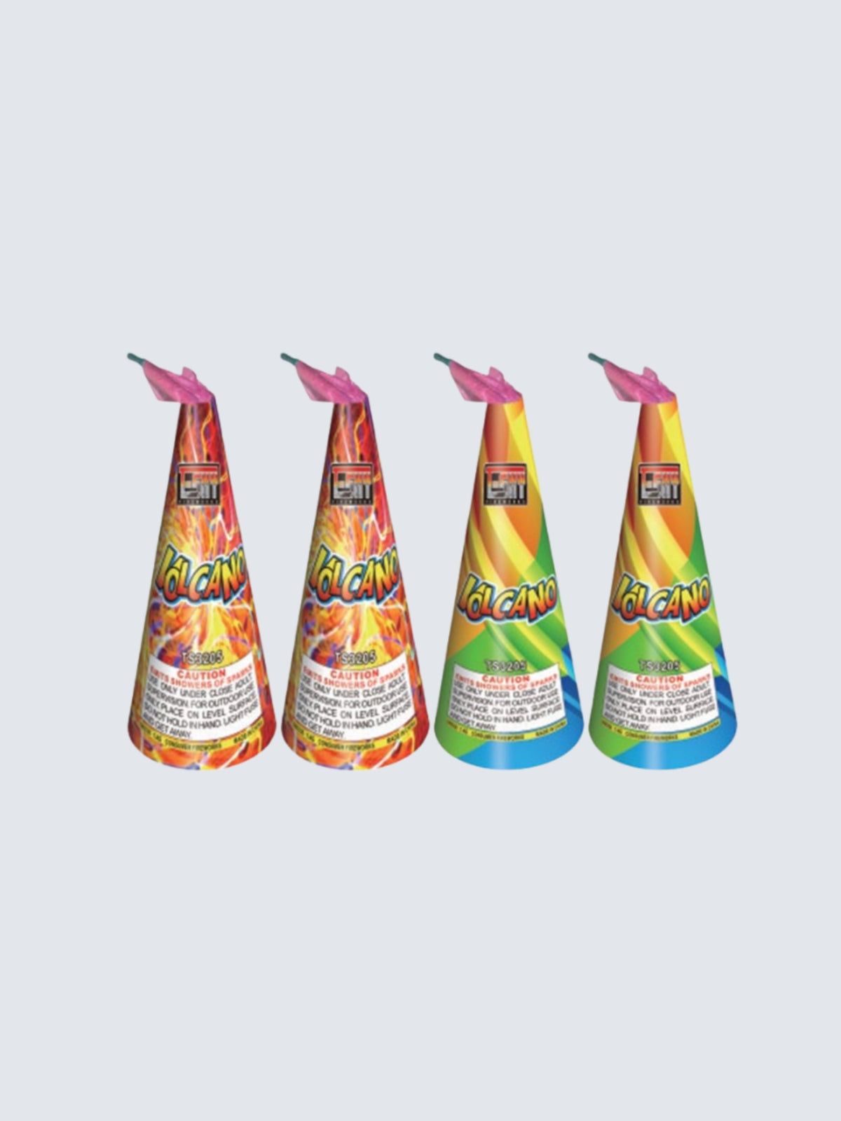 Four Volcano cone fountains by T-Sky Fireworks with fiery lightning and colorful striped wrappers, topped with pink tissue.