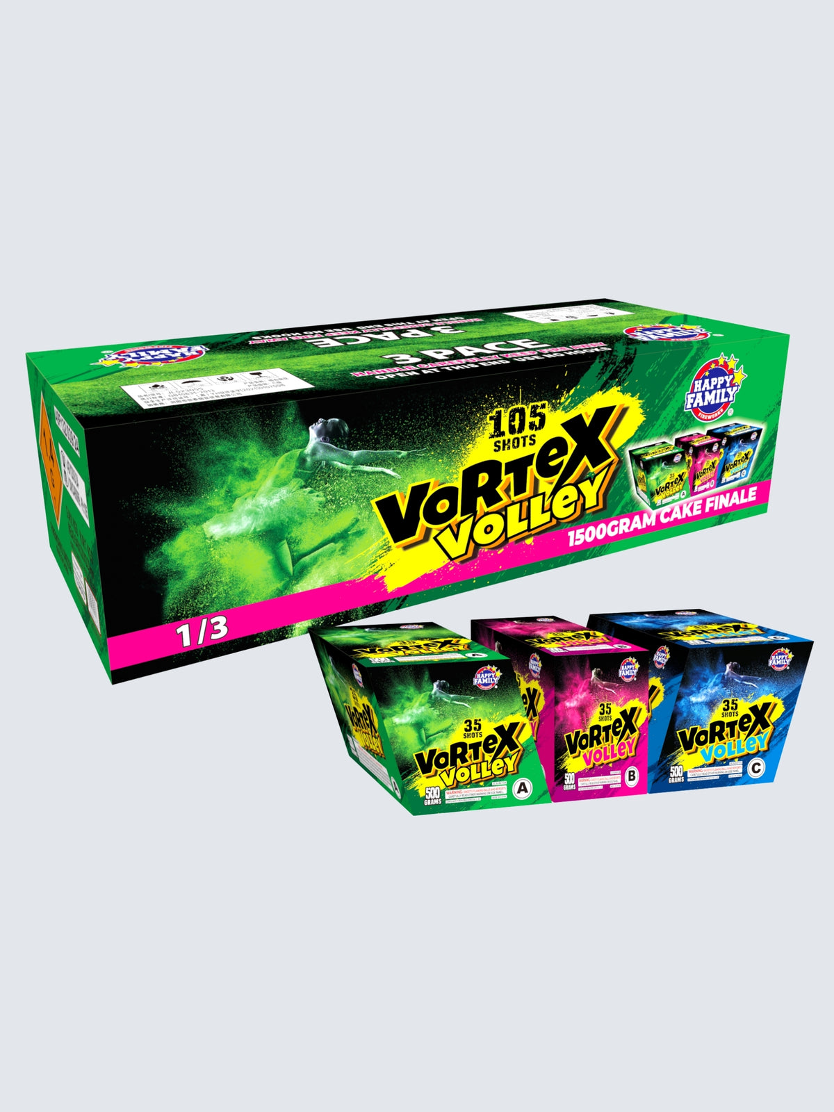 Vortex Volley 105 Shot Aerial Repeater by Happy Family Fireworks, featuring three 35-shot cakes with vibrant green, pink, and blue artwork.