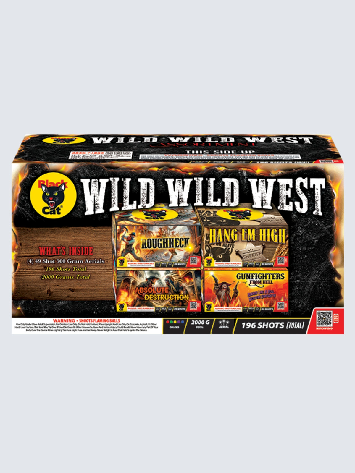 Wild Wild West 196-shot aerial repeater box kit by Black Cat Fireworks, featuring four 49-shot cakes with Western outlaw artwork.