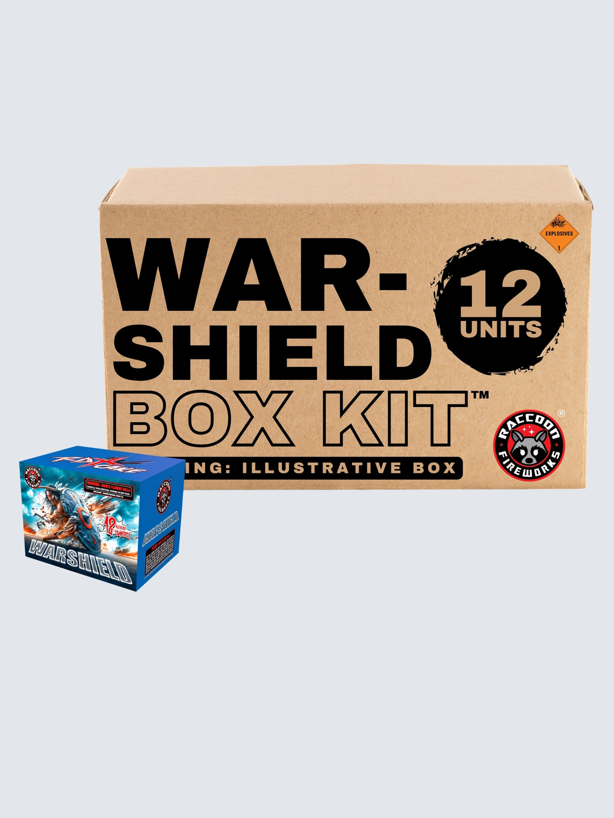 Warshield 12-shot aerial repeater box kit by Raccoon Fireworks, featuring 12 units with futuristic warrior battle artwork.