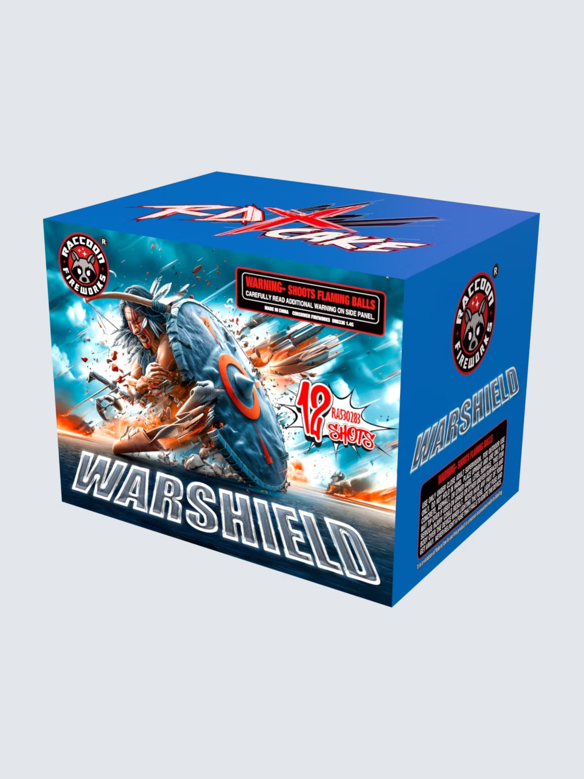Unit of Warshield large cake fireworks, includes 12 shots. Packaging shows a warrior woman with a metal shield on a battlefield. 