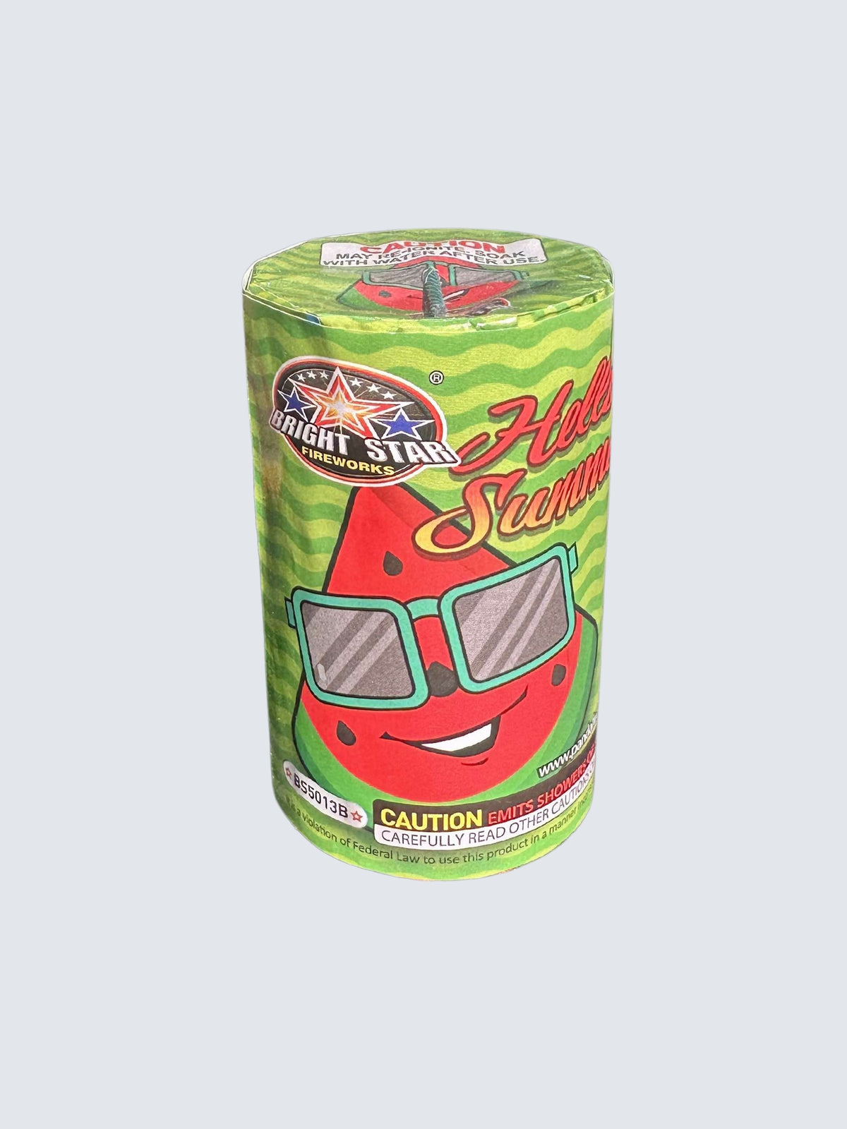 Hello Summer fountain by Bright Star Fireworks with a smiling watermelon wearing sunglasses on green striped packaging.