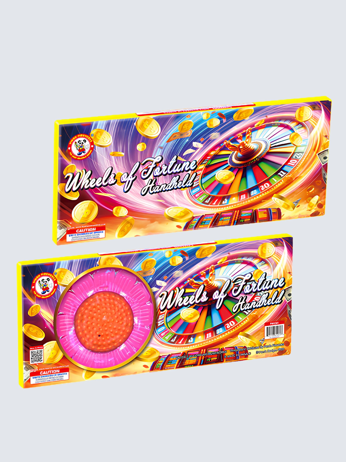 Wheels of Fortune handheld spinning firework by Winda Fireworks with colorful roulette wheel and gold coin packaging.