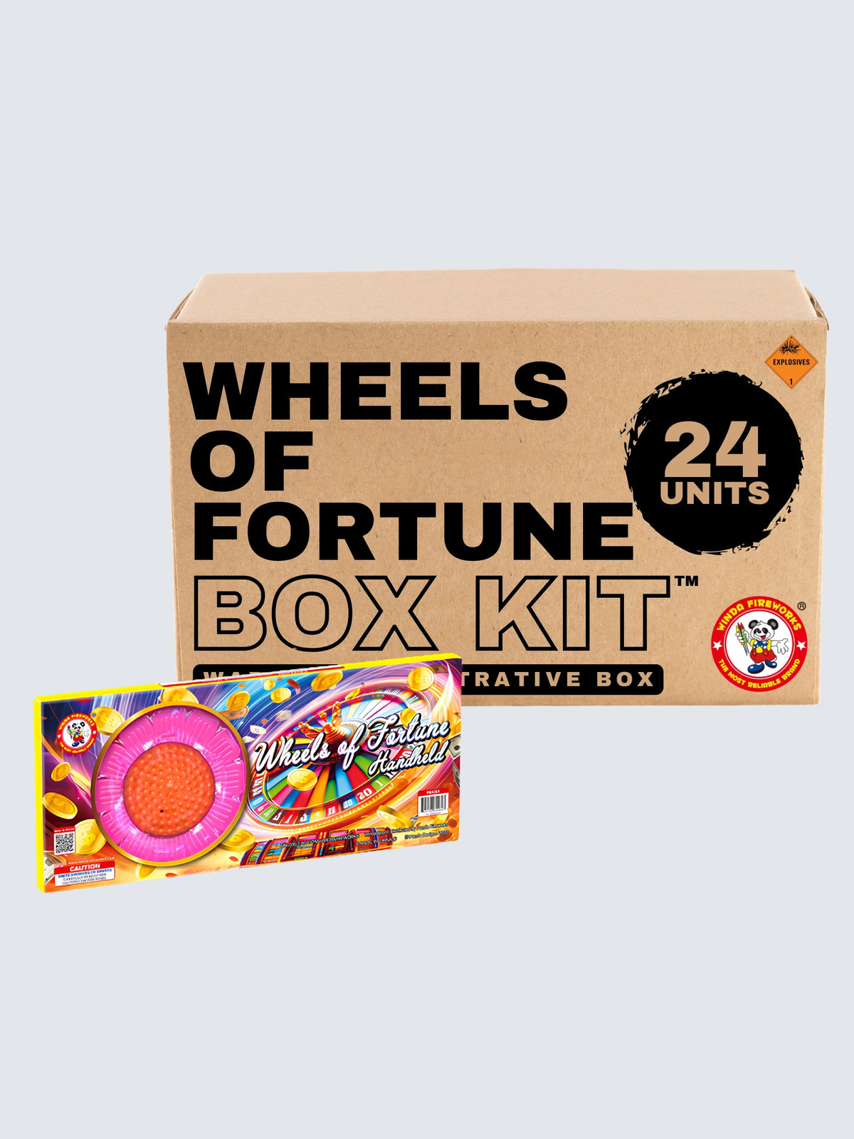 Wheels of Fortune handheld spinning firework box kit with 24 units by Winda Fireworks.