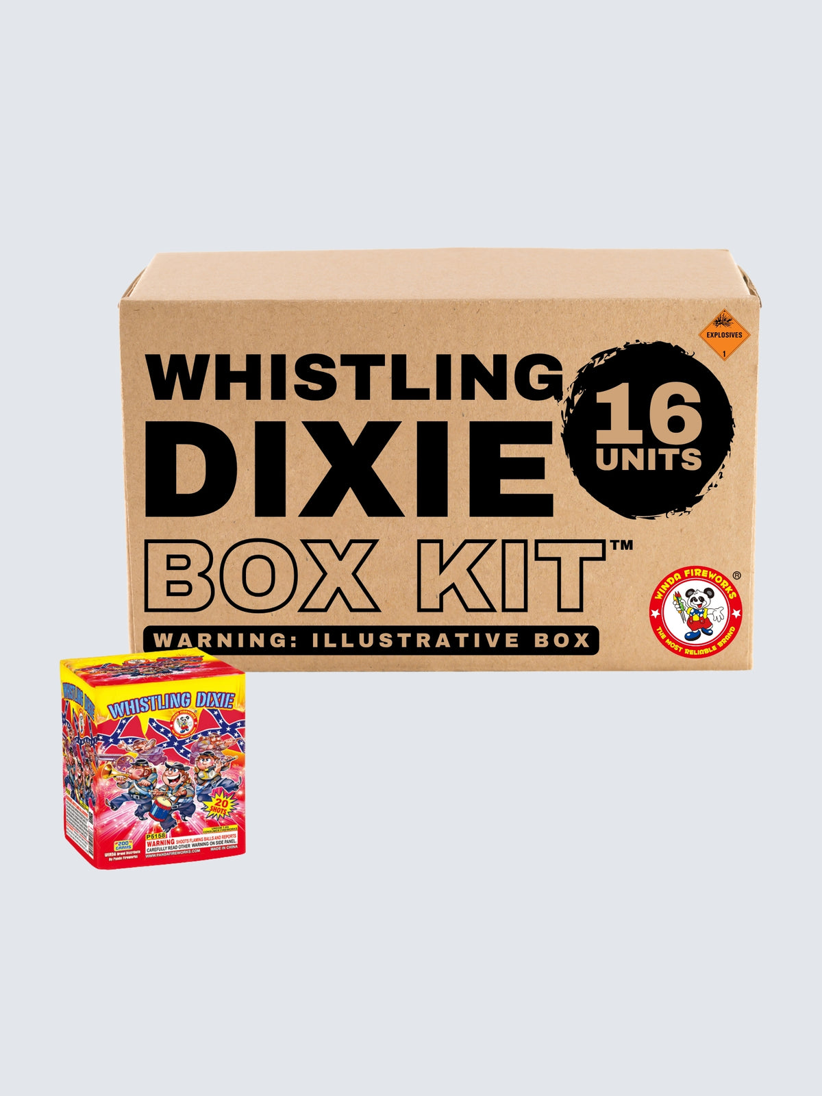 Whistling Dixie 20-shot aerial repeater box kit by Winda Fireworks includes 16 units with colorful cartoon soldier artwork.