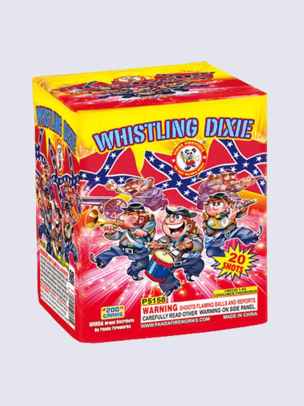 Whistling Dixie 20-shot aerial repeater by Winda Fireworks featuring cartoon soldiers, musical instruments, and red and yellow patriotic artwork.