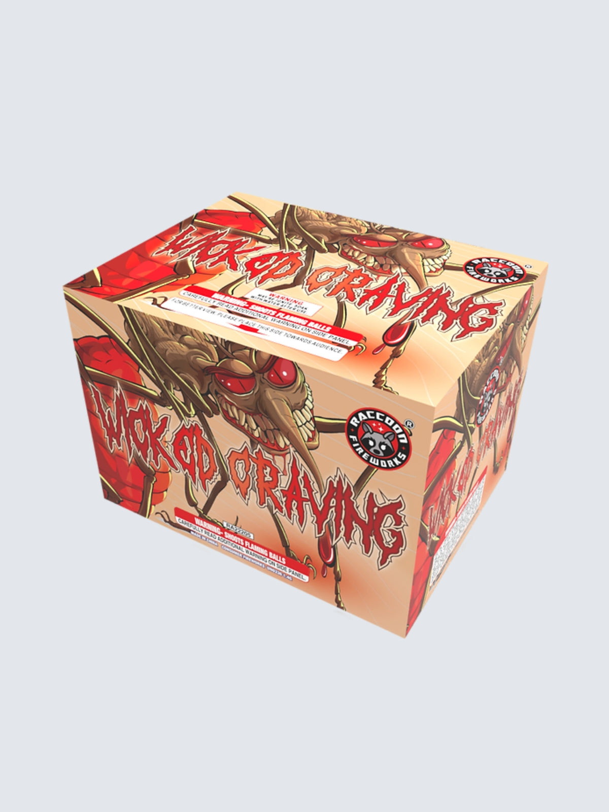 Wicked Craving aerial repeater by Raccoon Fireworks with a red-eyed mosquito and blood drops on tan and red packaging.
