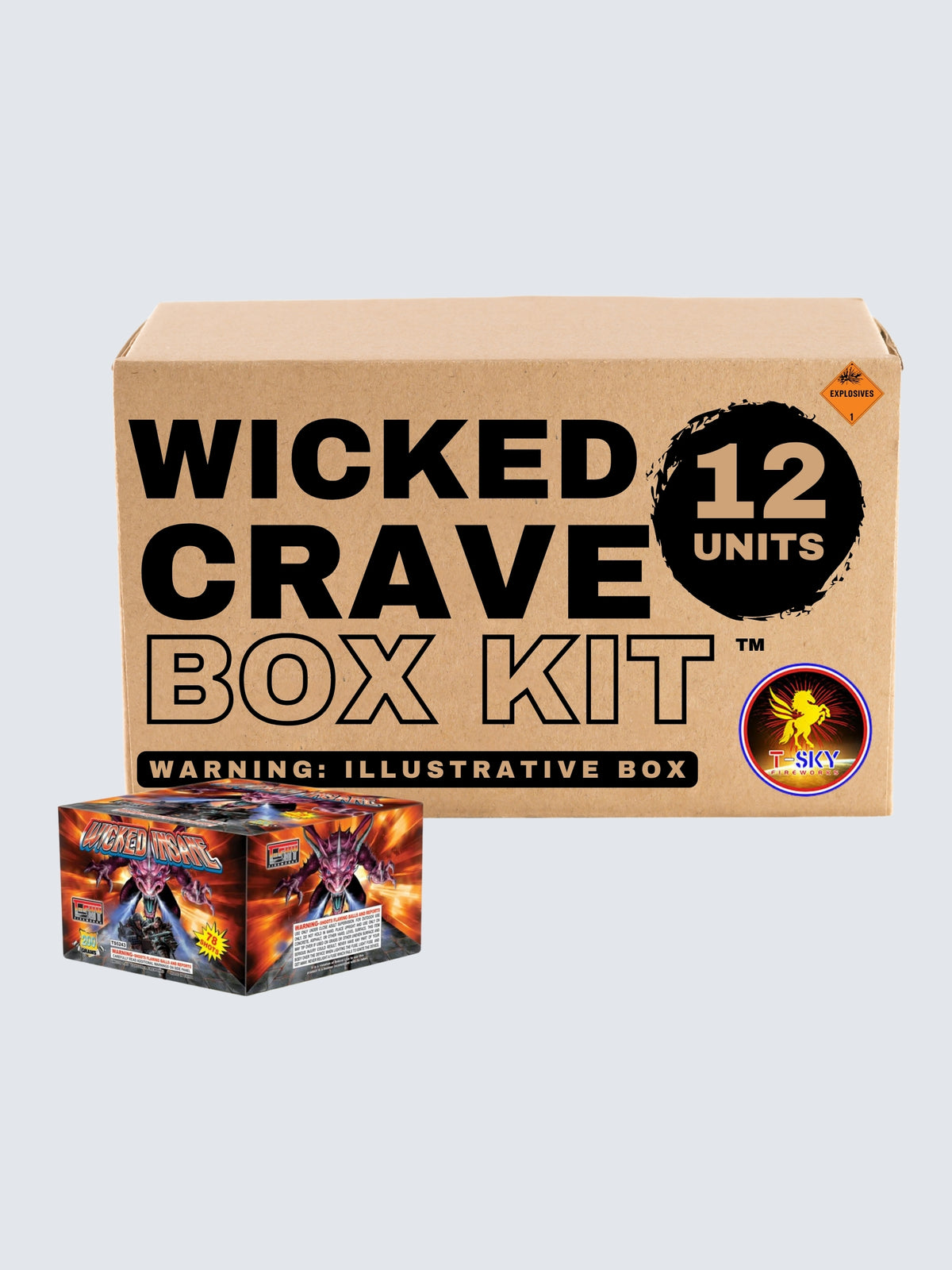 Wicked Crave 12-unit fireworks box kit by T-Sky Fireworks features 30-shot Wicked Insane aerial repeaters with fierce purple dragon artwork.