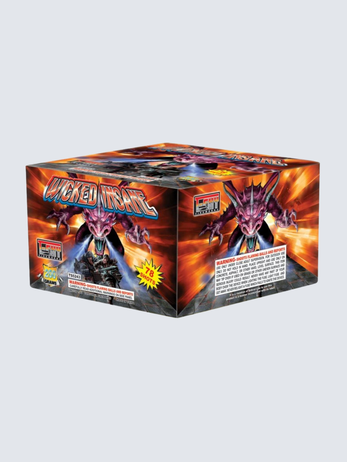 Wicked Insane 30-shot aerial repeater by T-Sky Fireworks features a fierce purple dragon against fiery orange explosions.