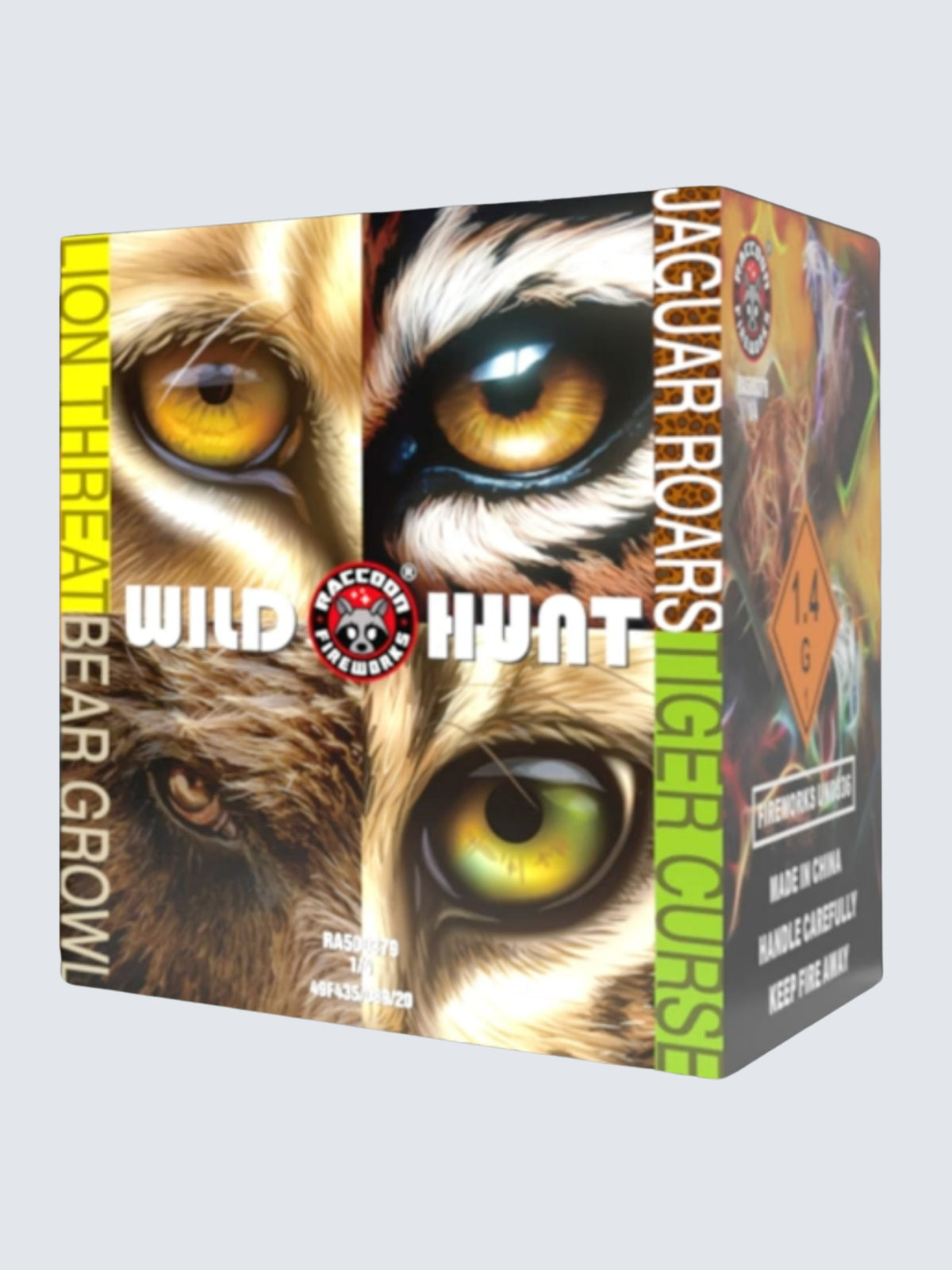 Box kit of Wild Hunt fireworks assortment, includes 72 shots. Packaging shows animal eye close ups.