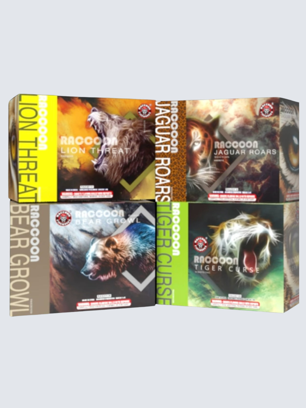 Variant units of Wild Hunt large cake fireworks assortment. Includes Lion Threat, Jaguar Roars, Bear Growl, and Tiger Curse.