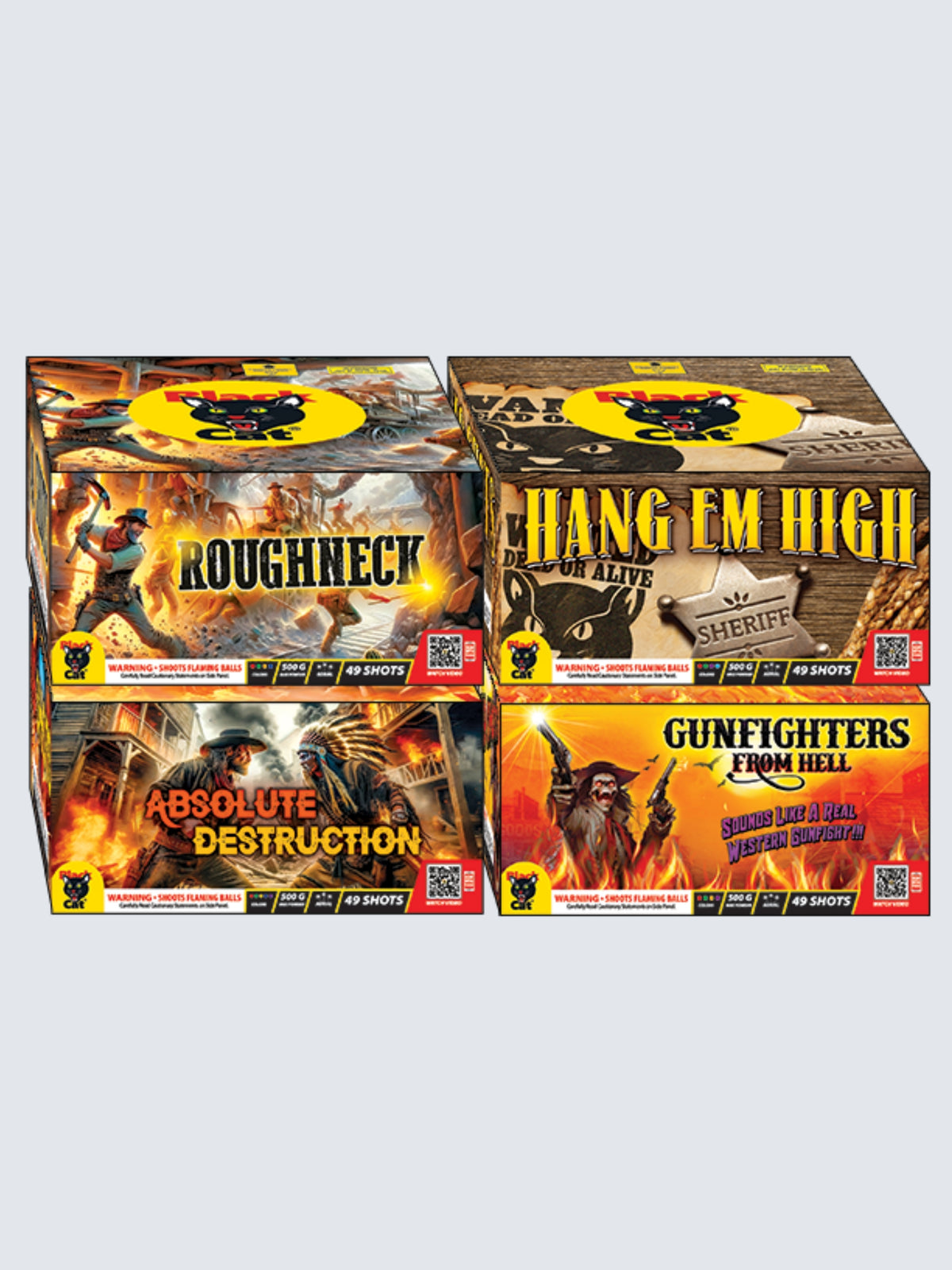Variant units of Wild Wild West fireworks assortment. Includes Roughneck, Hang Em High, Absolute Destruction, and Gunfighters From Hell.