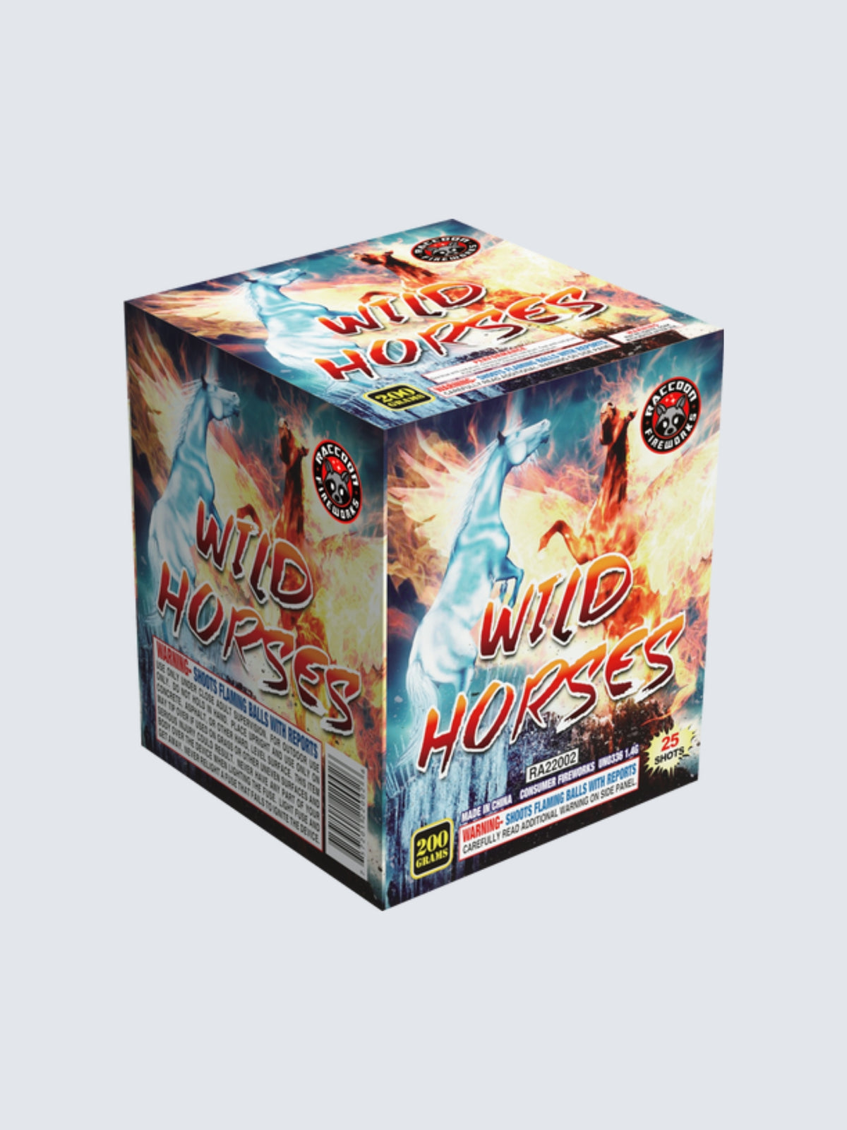 Wild Horses 25-shot aerial repeater by Raccoon Fireworks with rearing horses amid blue ice and orange flames on the box.