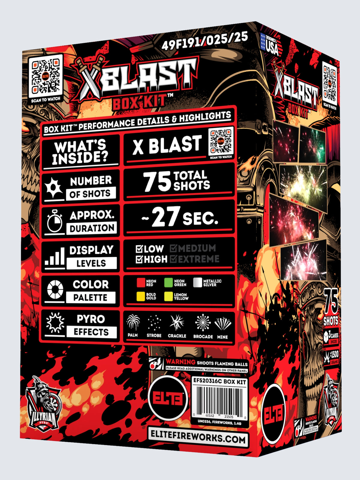 Box kit of X-Blast fireworks, includes a total of 75 shots and 3 large cake fireworks. Packaging shows a battlefield with a skull in a helmet.
