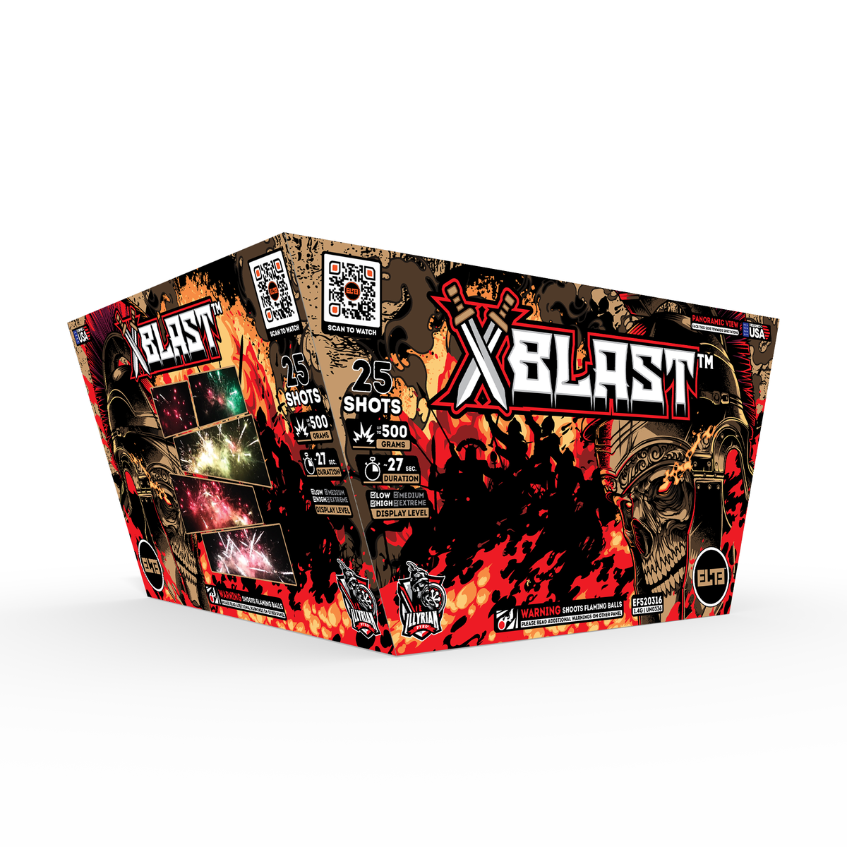 Unit of X-Blast large fireworks, includes 25 shots. Packaging shows a warzone on fire with a scary skeleton face in a helmet.