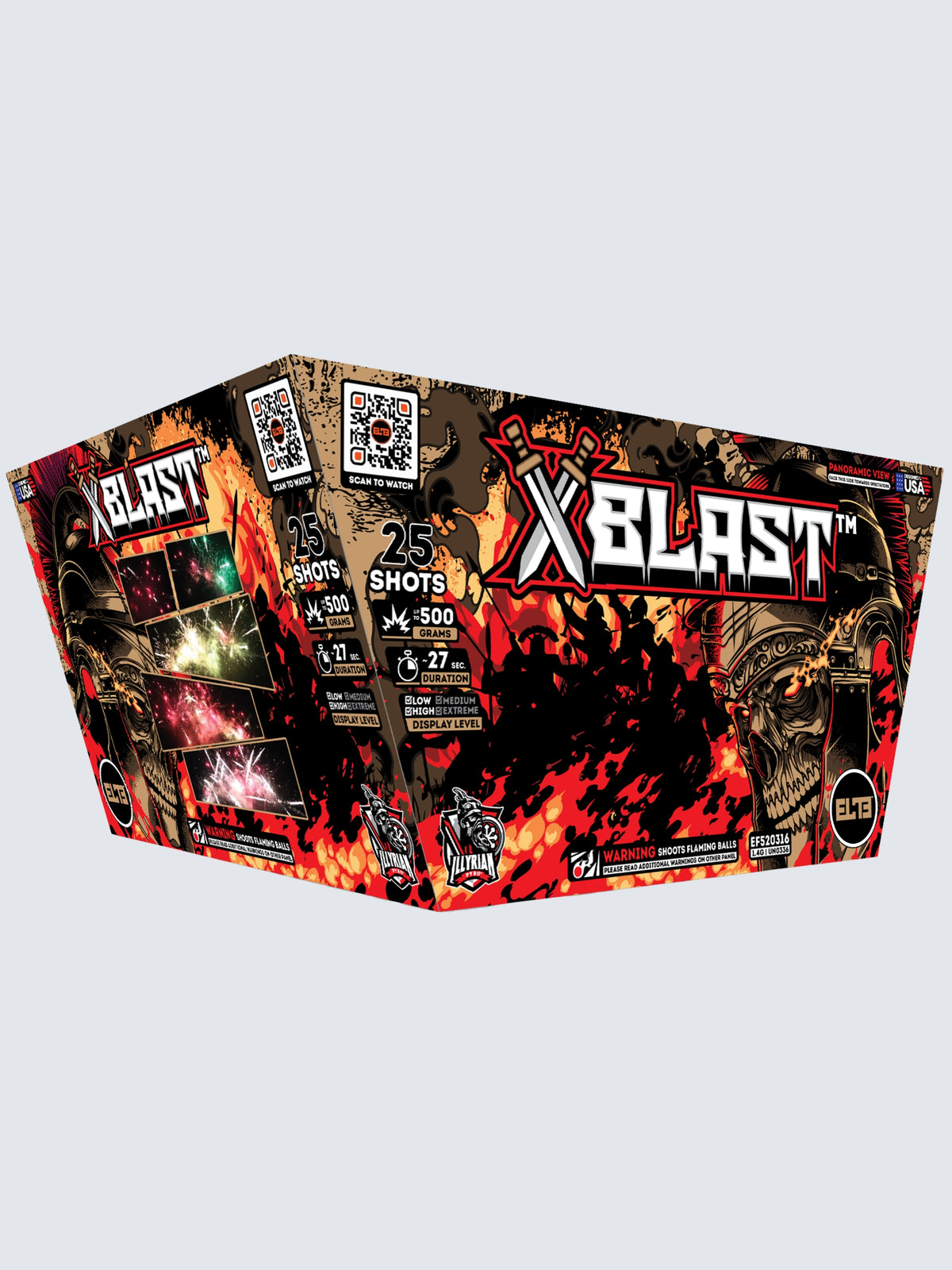 Unit of X-Blast large fireworks, includes 25 shots. Packaging shows a warzone on fire with a scary skeleton face in a helmet.