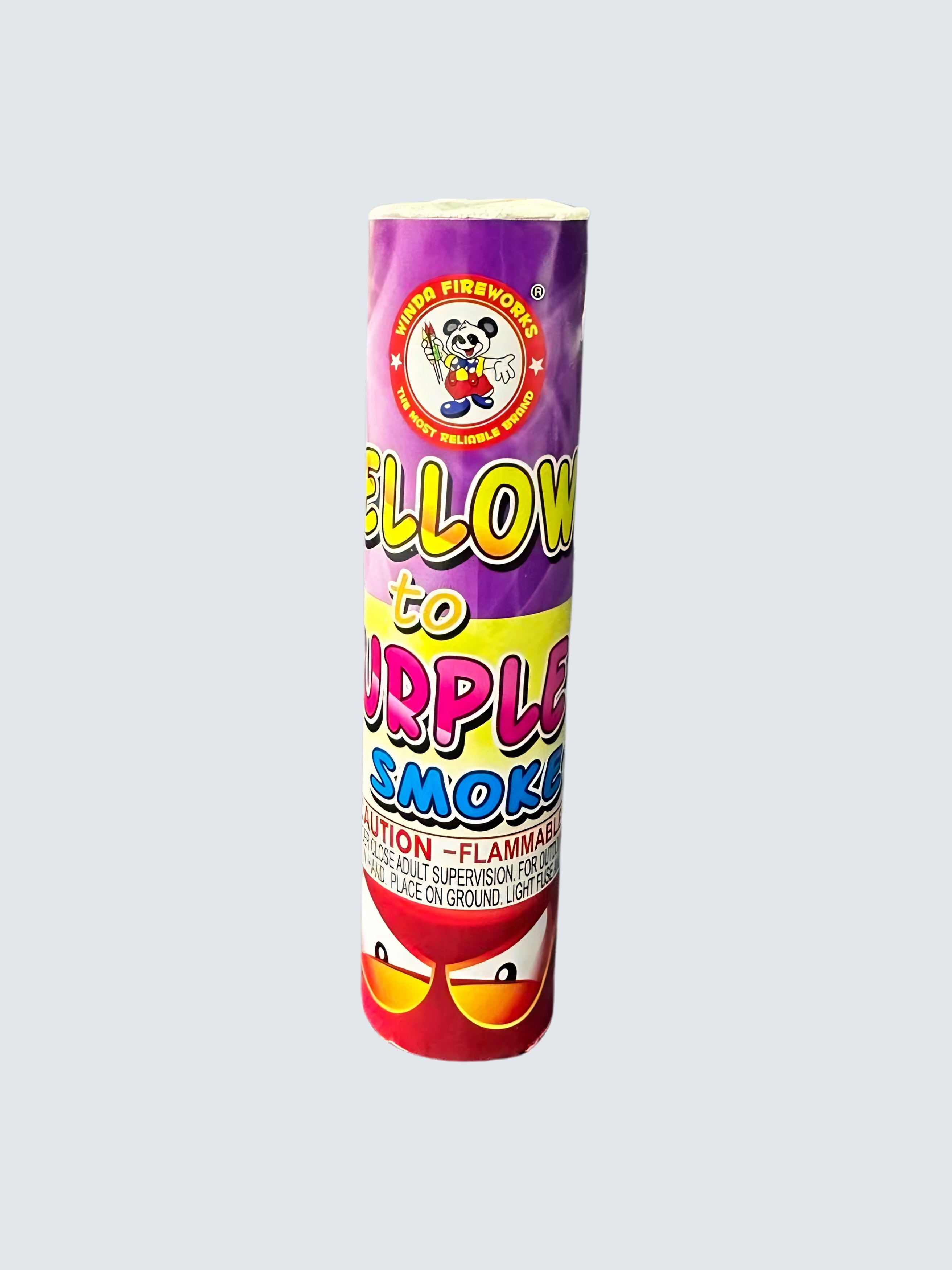 A Yellow and Purple smoke tube, with bright text. Bottom of the packaging has angry eyes.