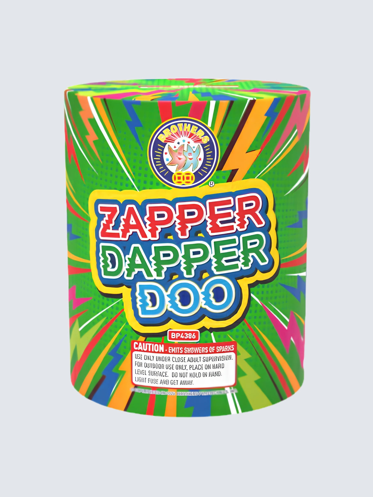 Zapper Dapper Doo fountain with green packaging, red, pink, and blue lightning bolts, and comic-style action lines.