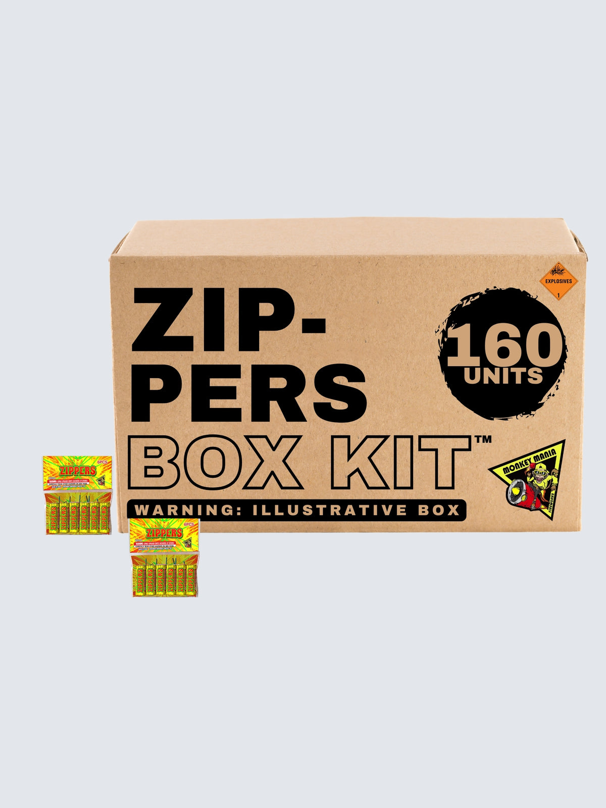 Zippers rapid wing aerial fireworks box kit by Monkey Mania, featuring 160 units with bright yellow and red packaging.