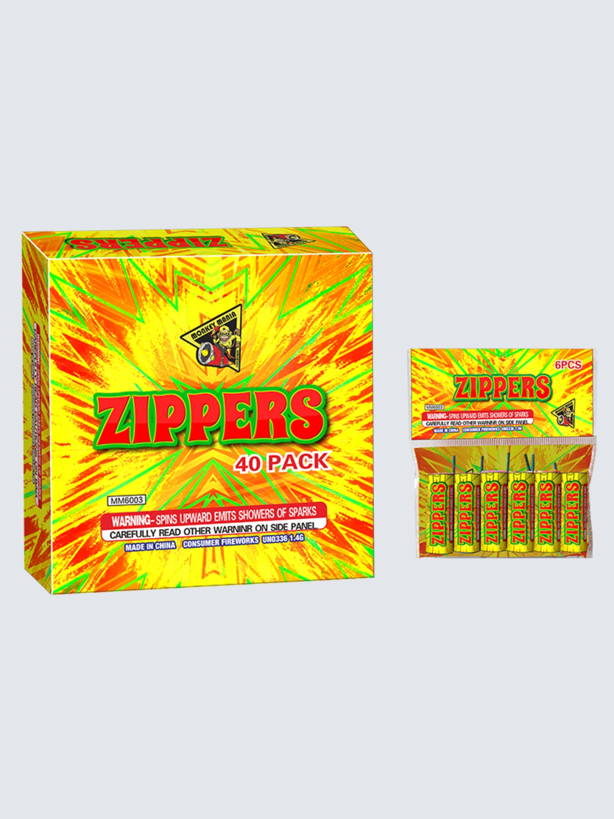 Zippers rapid wing aerial fireworks sleeve kit by Monkey Mania, featuring 40 packs of 6 pieces with bright yellow, red, and green explosive artwork.