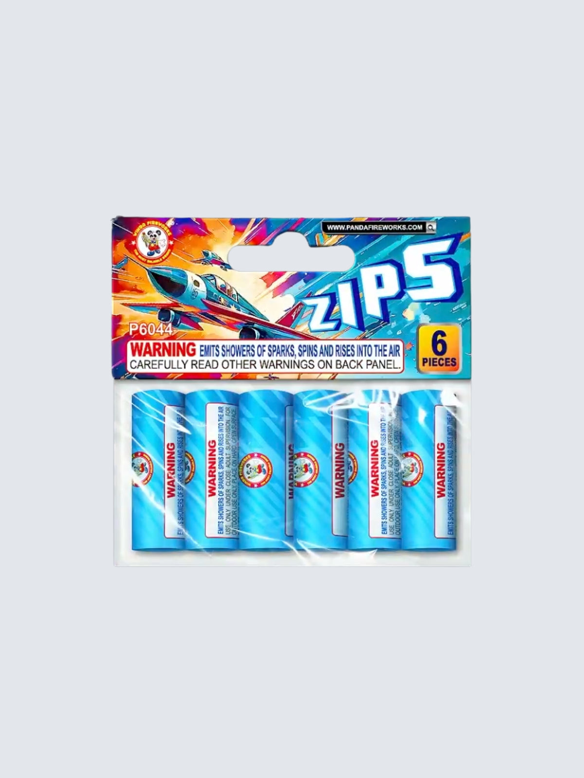 Zips 6-piece rapid wing aerial novelty fireworks by Winda Fireworks, featuring blue packaging with jet aircraft artwork.